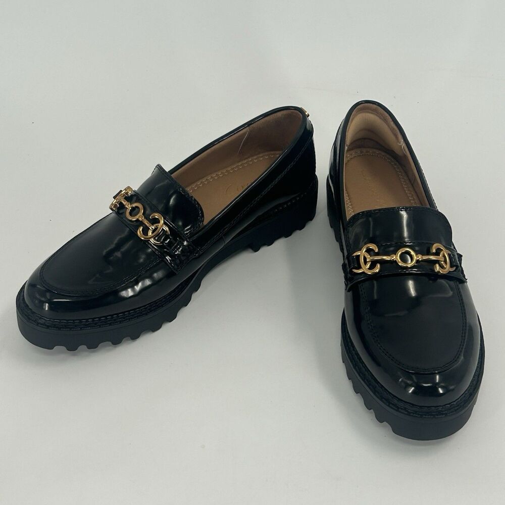 Sam Edelman Circus NY Black Deana Lug Sole Chunky Loafers Gold Detail Size 8.5